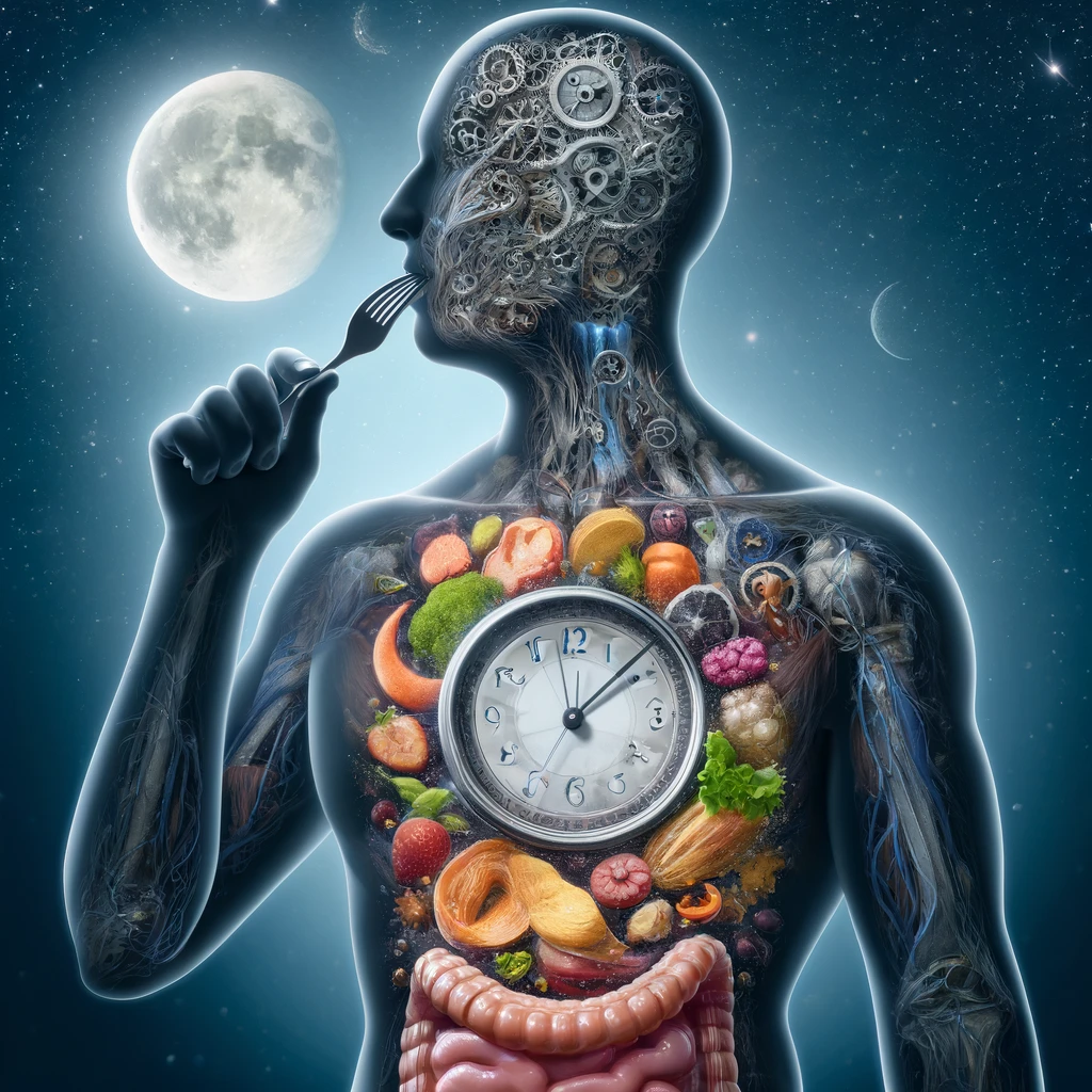 Here is the image depicting the effects of eating late at night on the human body and its circadian rhythm. The visual metaphor includes a disrupted body clock integrated within a human silhouette, set against a nighttime background.