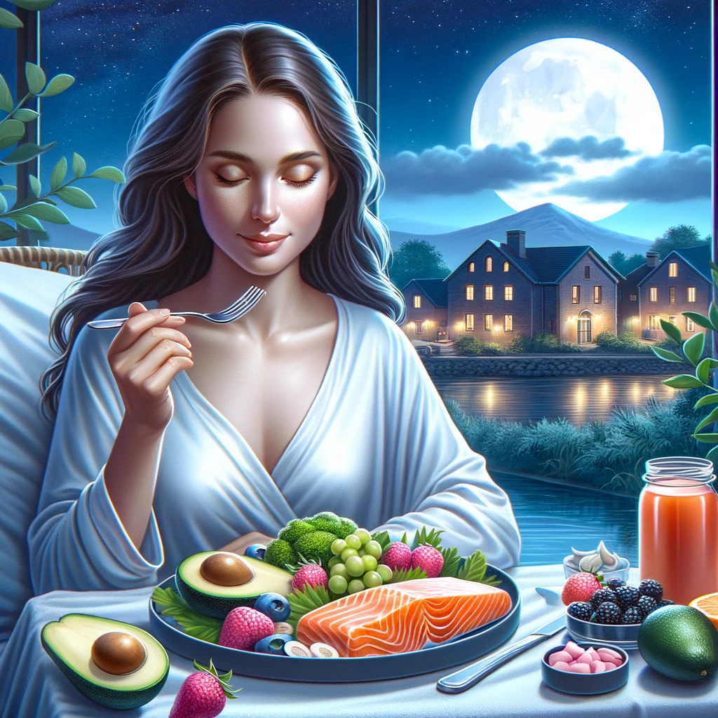 Here is the image illustrating the concept of eating healthy foods at night for beauty benefits and body fatigue recovery. The scene includes a woman enjoying a healthy meal in a calm and relaxed nighttime setting.