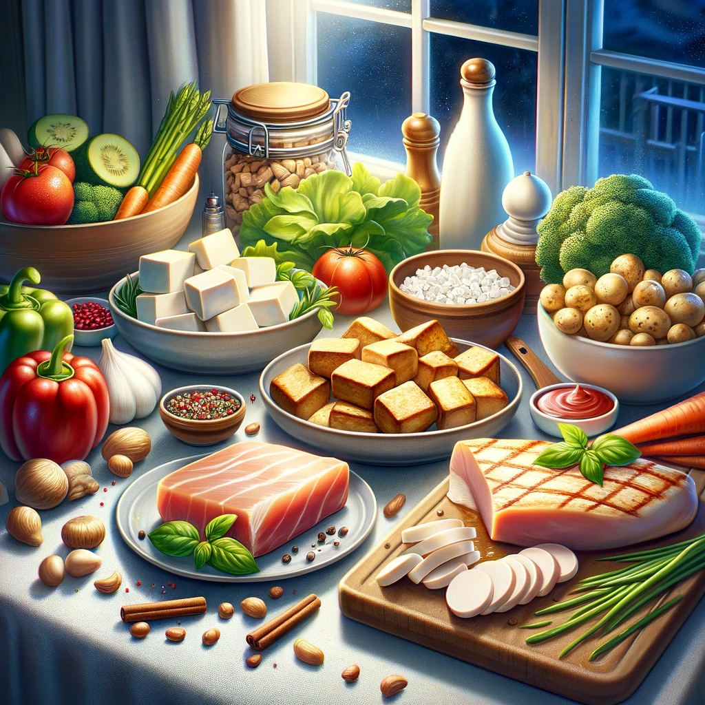 Here is the image showing a variety of foods that are good to eat at night for a diet, featuring dishes made with high-protein, low-calorie ingredients like chicken breast and tofu. The setting is a well-lit kitchen or dining table, emphasizing healthy late-night eating.