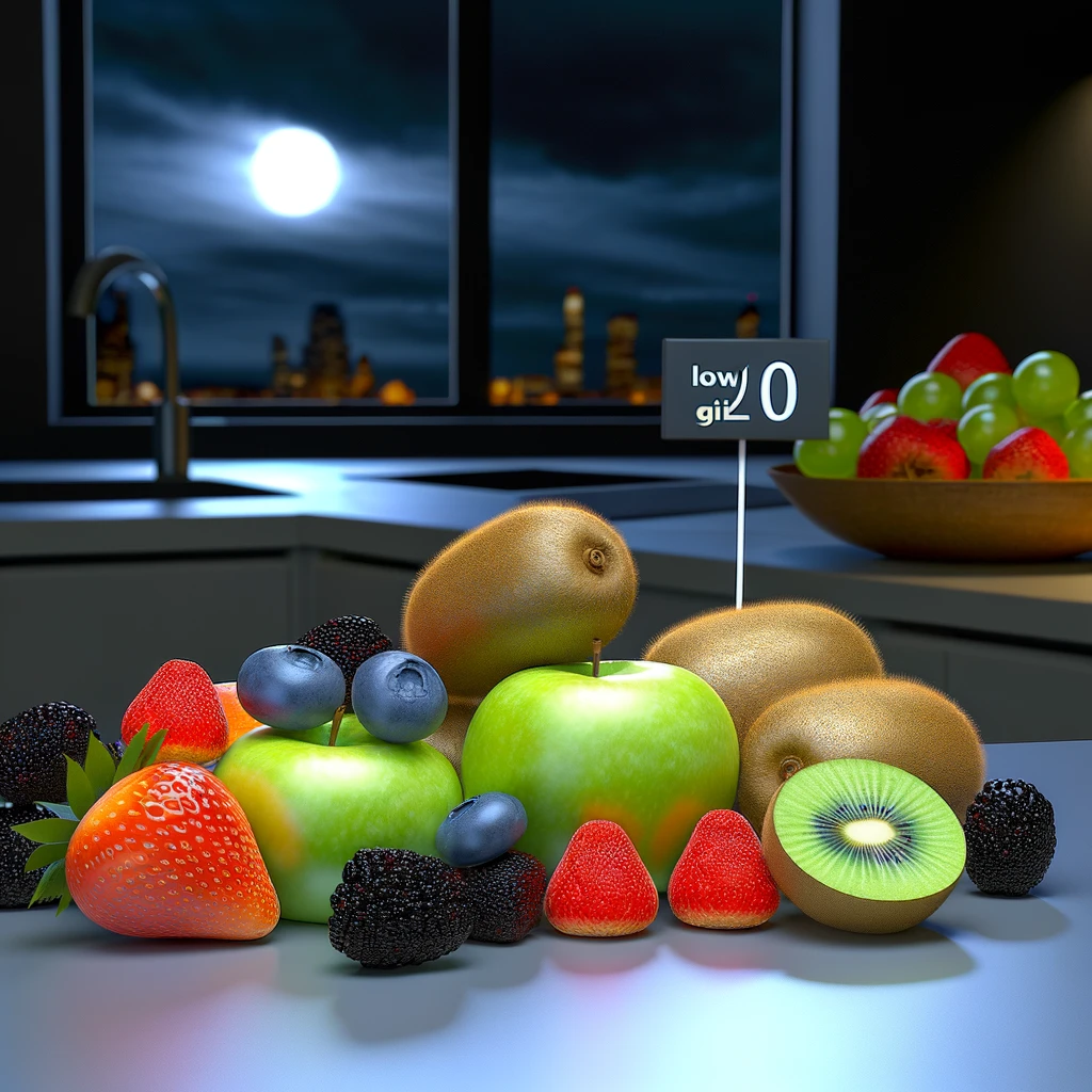 Here is the image showcasing a selection of low GI fruits recommended for nighttime eating, including kiwi, berries, and apples. The setting is a serene nighttime kitchen, emphasizing the fruits' role in promoting good sleep without spiking blood sugar levels.