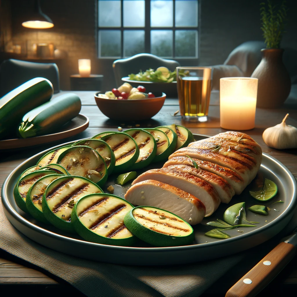 Here is the image depicting a satisfying low-calorie recipe for a late-night snack, featuring grilled zucchini and chicken breast. The setting is a cozy, dimly lit kitchen or dining area, enhancing the late-night eating scenario.