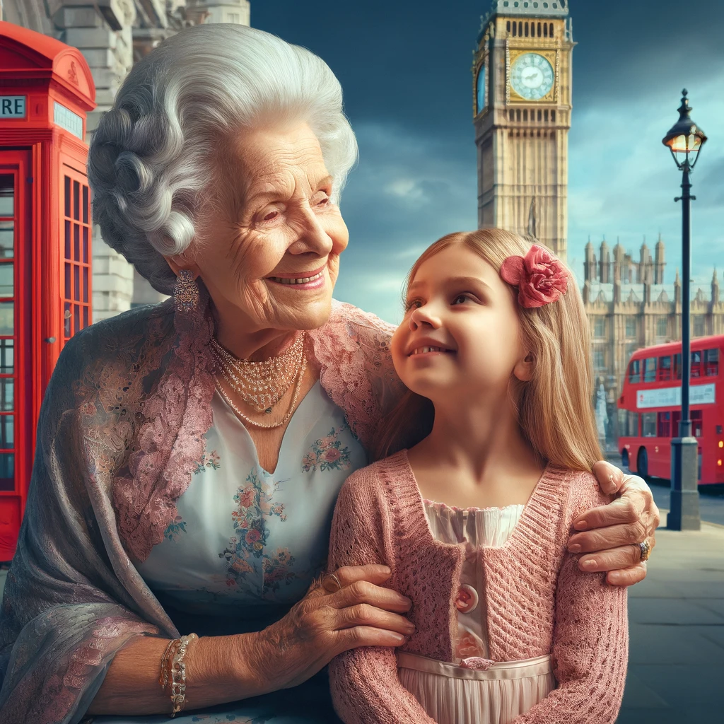 Here is the image depicting the scene from the essay "Grandmother Hime Goes to London," featuring the elderly Grandmother Hime and her granddaughter in London, expressing her wish to visit the city.