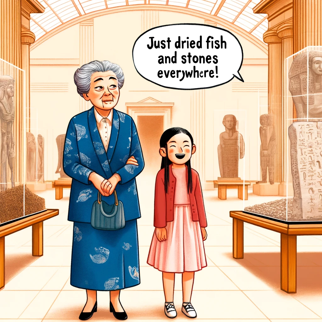 Here is the image depicting the humorous scene inside the British Museum, where Grandmother Hime is unimpressed by the exhibits, playfully commenting on them.