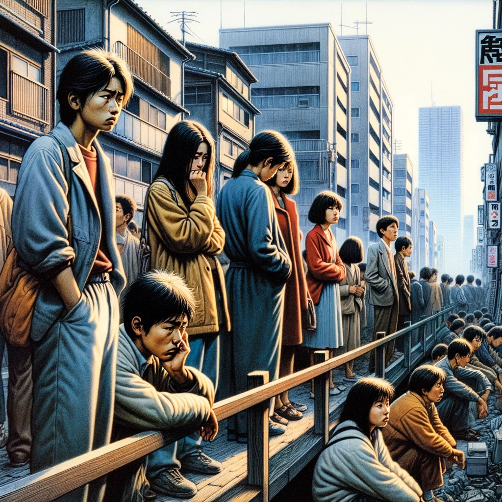 Here is the image depicting the 1990s Japan, showcasing the social issues following the economic bubble burst, with young people facing economic hardships in an urban setting.