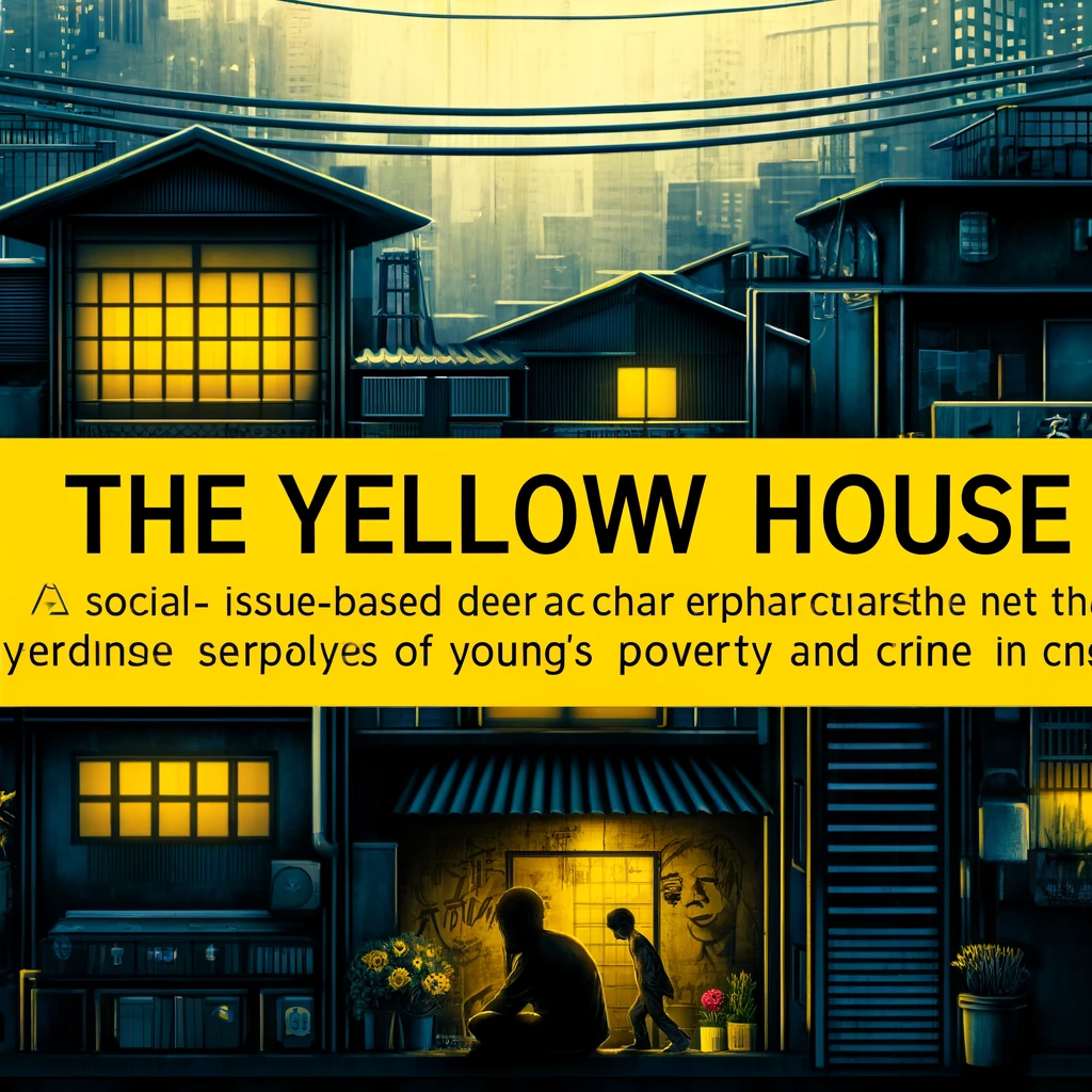 Here is the image visualizing the novel "The Yellow House", focusing on its themes of poverty and crime among young people in 1990s Japan. This illustration captures the essence of the social-issue-based crime suspense story, complete with dark urban settings and symbolic uses of the color yellow.