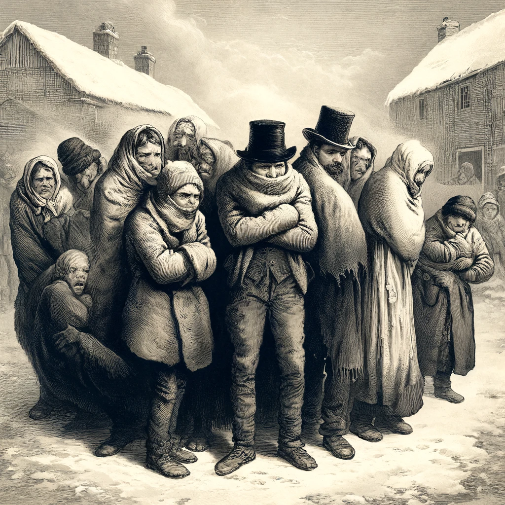 Here is the illustration depicting the origin of the term 'fidgeting,' showing poor people shivering in the cold.
