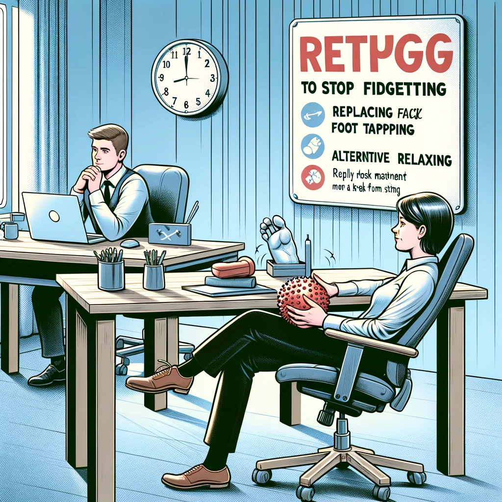 Here is the image showing methods to stop fidgeting, with one person holding a stress ball and another taking a deep breath, set in a calm office environment.