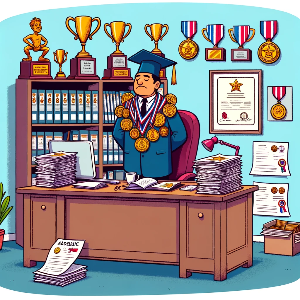 An illustration depicting a person who exemplifies the traits of an 'academic snob', as they proudly display their numerous academic certificates and medals. The person is shown in an office filled with trophies and diplomas, looking smugly satisfied, while looking down on a pile of resumes from other people, symbolizing their tendency to judge others based on academic credentials.