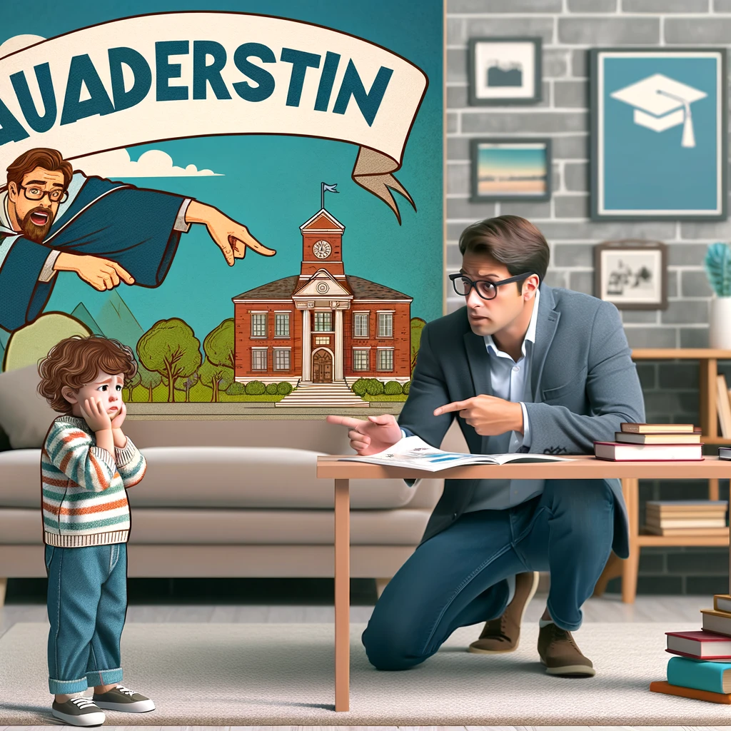 A family scene showing the influence of a parent on a child regarding academic expectations. The image depicts a parent pointing at a large university banner while talking to their young child, who looks somewhat overwhelmed. This symbolizes the pressure on children from parents who have high academic expectations. The setting is a cozy home environment with educational books and university brochures scattered around.