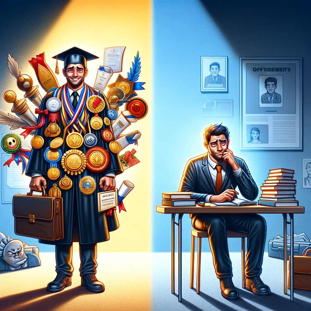 A conceptual image illustrating the difference between academic snobbery and an academic inferiority complex. The image shows two contrasting figures: one proudly displaying numerous academic awards and certificates, embodying academic snobbery; and the other figure, with fewer decorations and a concerned expression, symbolizing the inferiority complex about their academic achievements. The background contrasts a bright and dark side to emphasize the emotional difference between the two figures.