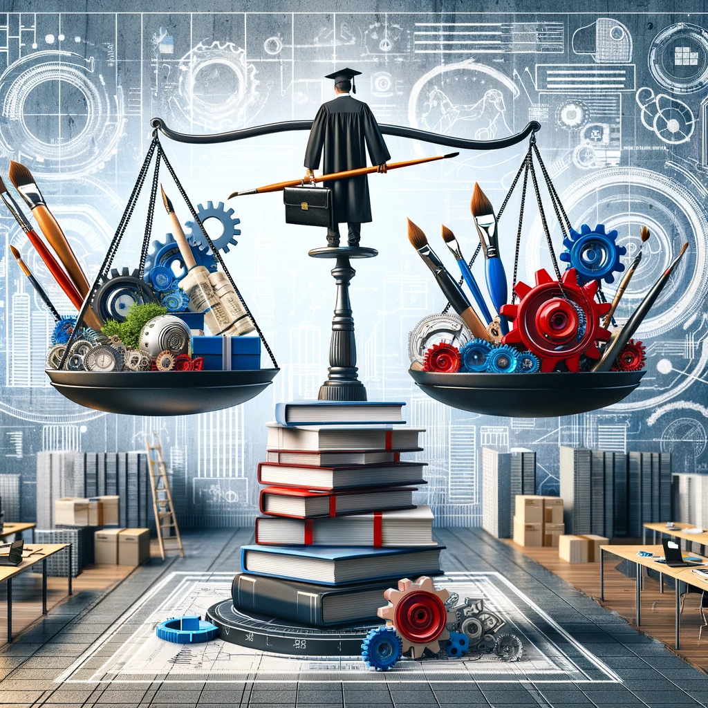 A conceptual image depicting the modern relevance of academic qualifications versus skills and experiences. The image shows a large scale, balancing academic diplomas and certificates on one side, and tools representing various skills like a laptop, a paintbrush, and a gear on the other side. This visual metaphor emphasizes the equal or greater importance of practical skills and experiences in today's job market. The setting is an office environment with hints of technological elements.