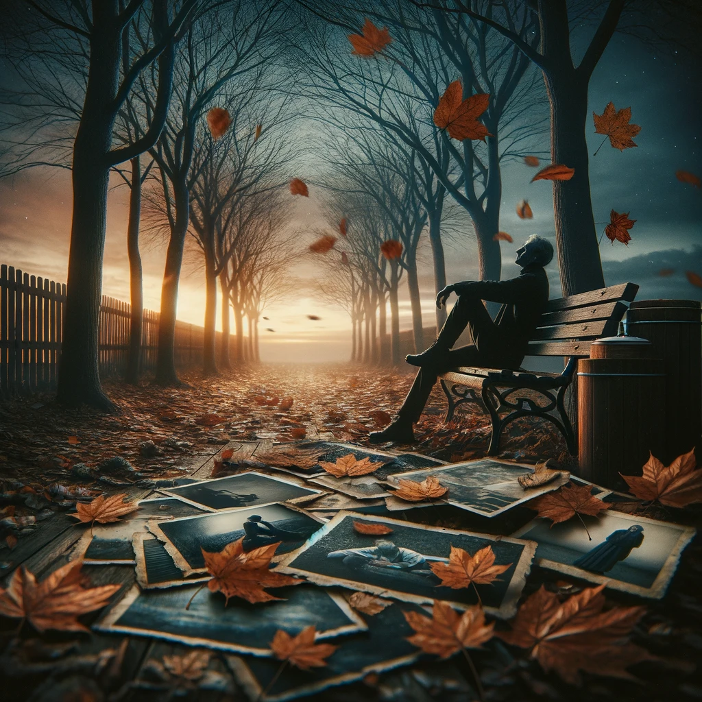 Here is the image that symbolically represents the longing for the past linked to depression. It features a solitary figure sitting on a park bench looking at faded photographs, with a melancholic autumn setting.