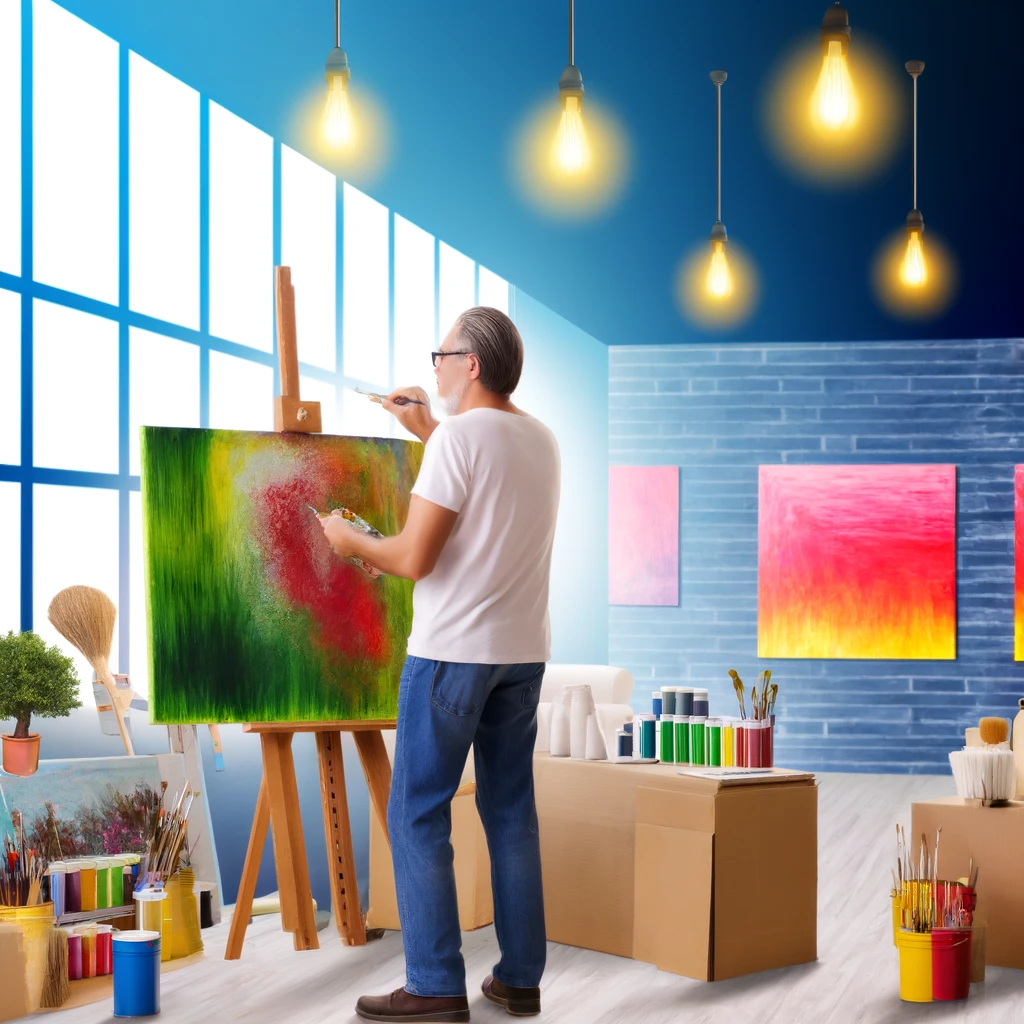 Here is the image depicting a person rediscovering an old hobby in a modern setting. It shows a middle-aged man painting in a bright, well-lit studio, capturing the joy of reconnecting with a cherished pastime.