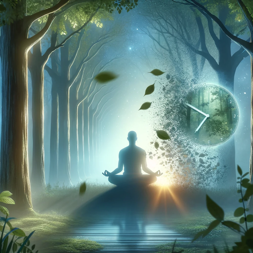 Here is the image depicting a serene and introspective scene of a person meditating in a tranquil forest, representing a spiritual journey of self-discovery. This visual includes symbolic elements reflecting the deep psychological message of transcending past memories.
