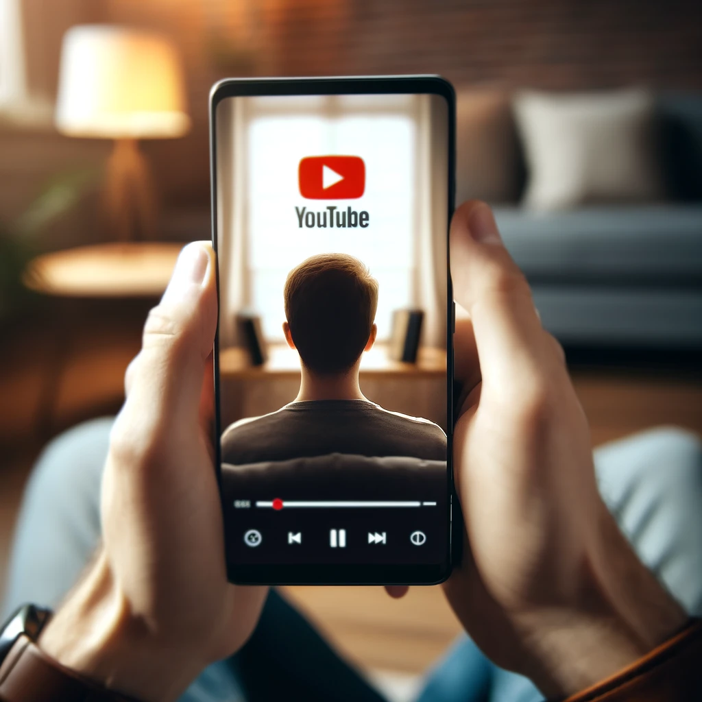 Here is the realistic image depicting a person enjoying a YouTube vertical broadcast on a smartphone. The smartphone is held vertically, displaying a full-screen video in the vertical format.