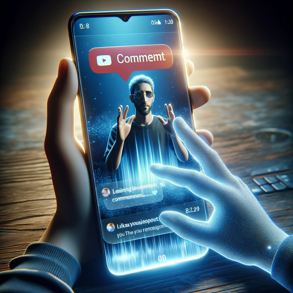 Here is the realistic image depicting a person interacting with comments during a YouTube vertical broadcast on a smartphone. The scene shows how the comment feature plays a crucial role in enhancing viewer interaction during live streams.