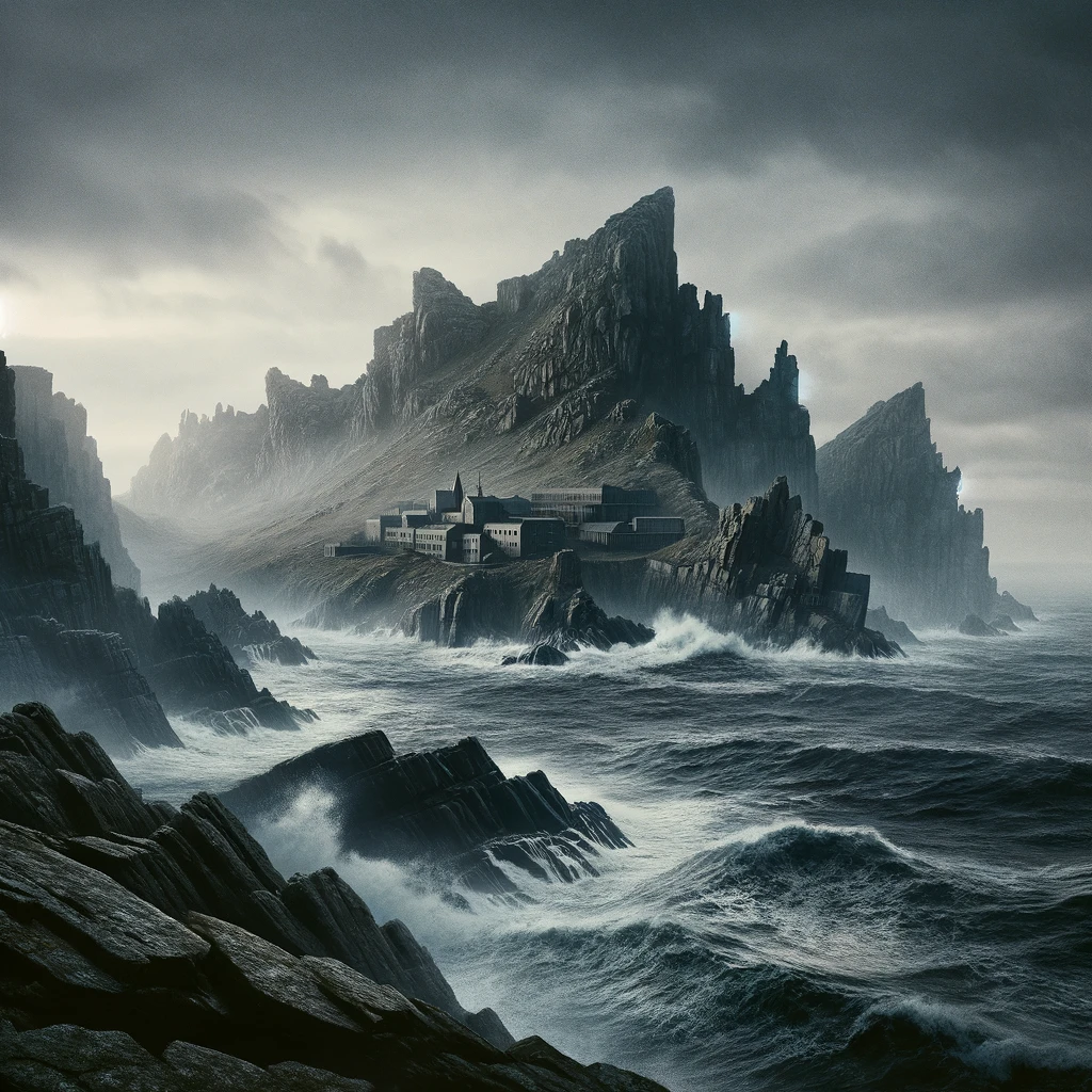 Here is the realistic image of a desolate and rugged coastline of the fictional "Soldier Island," located off the coast of South Devon, as described in your prompt. The setting captures the eerie and isolated atmosphere perfectly.