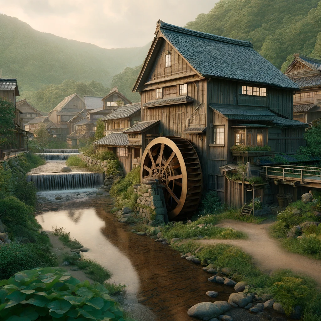 Here is the realistic image of a small Japanese town featuring an old watermill, as you requested. The scene captures a serene and historical ambiance typical of rural Japan.