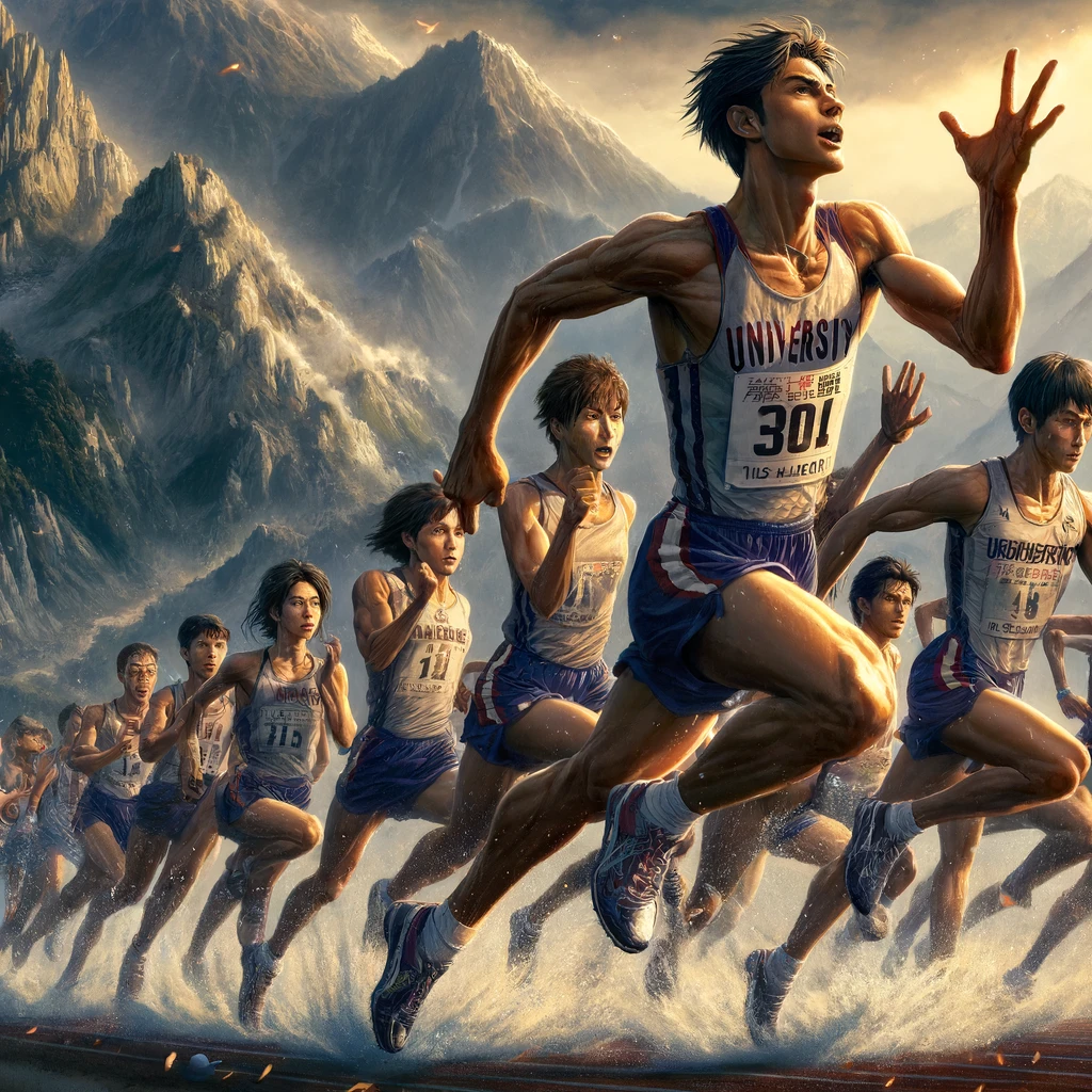 Here is the image depicting an intense scene from "俺たちの箱根駅伝", featuring a university track team passionately competing in the Hakone Ekiden. The image captures the team's determination as they face challenges in their quest for victory in the mountainous terrain of Hakone.