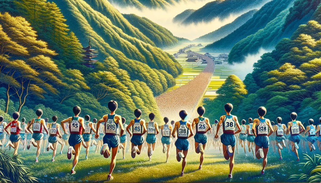 Here is the image depicting the scenic setting of the traditional Japanese university sports event, the Hakone Ekiden. The image captures the lush and mountainous landscape of Hakone, with runners in university team uniforms navigating the challenging terrain during the relay marathon.