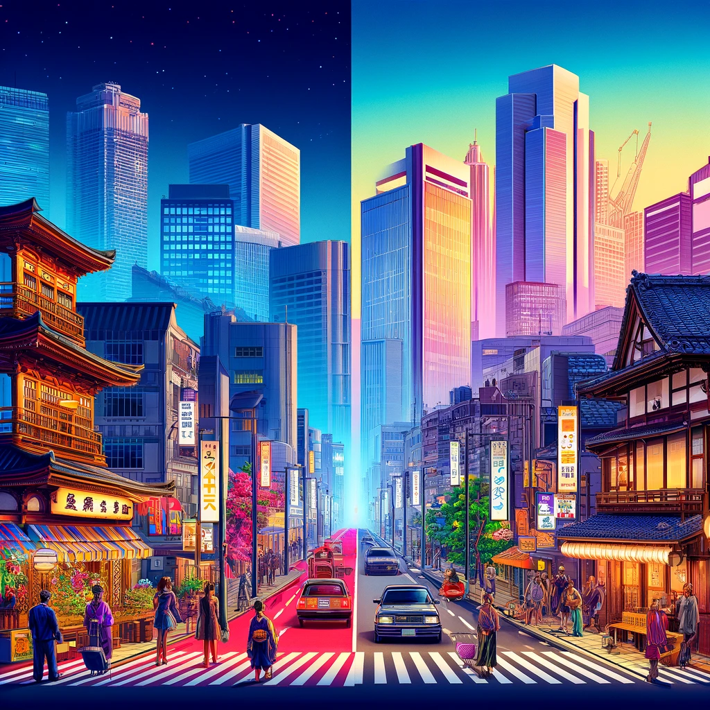 Here is the image representing Japan from the late 1980s to the 2010s, showcasing the evolution of urban life, technology, and culture over these decades. You can see the transition from the neon-lit streets of the '80s, through the technological boom of the '90s, to the more modern and refined urban environment of the 2010s.