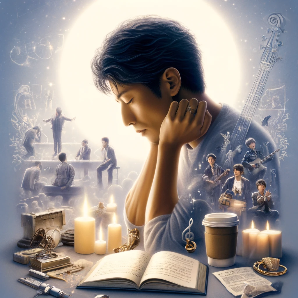 Here is the image that captures the essence of Osamu Suzuki's message to readers in his novel "もう明日が待っている". The illustration depicts Suzuki in a contemplative setting, surrounded by symbols representing his journey with SMAP, conveying homage and deep respect to the days spent with the group.