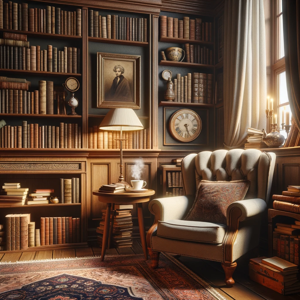 Here is the image of a cozy, inviting reading nook in a vintage-style room, perfect for readers who love historical novels and deep psychological dramas. This setting is designed to appeal especially to those who enjoy the themes described in "書楼弔堂 待宵".