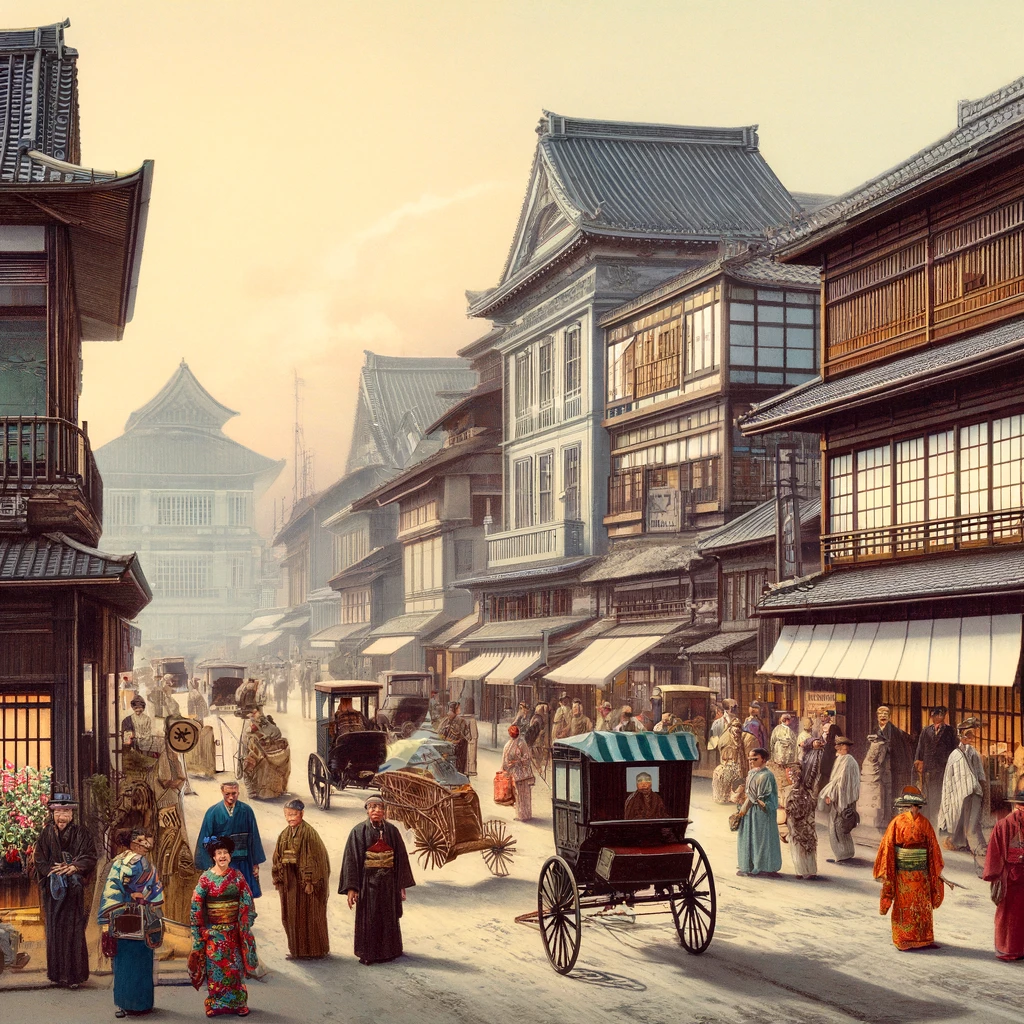 Here is the image depicting a bustling street scene in early Meiji Era Japan, showing the mix of traditional and Western influences on Japanese society and culture during this transformative period. The image captures both the architectural styles and the attire of the people, reflecting the significant cultural and social changes of the time.
