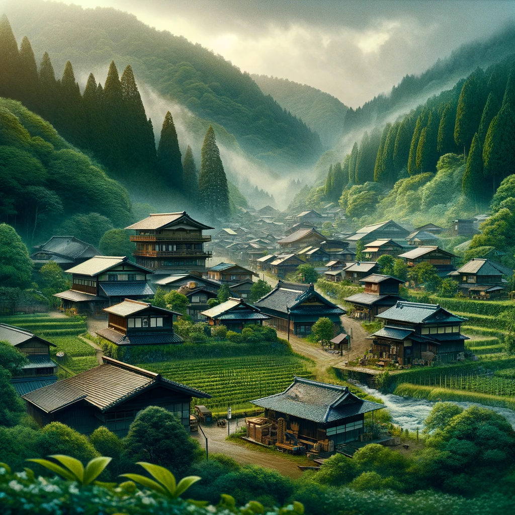 Here is the image depicting the fictional village of Tenka Village, as described in the movie setting for "99.9-刑事専門弁護士-THE MOVIE". The village is shown with its traditional Japanese architecture and a serene yet mysterious atmosphere, set in a lush valley with a hint of its wine-making history.
