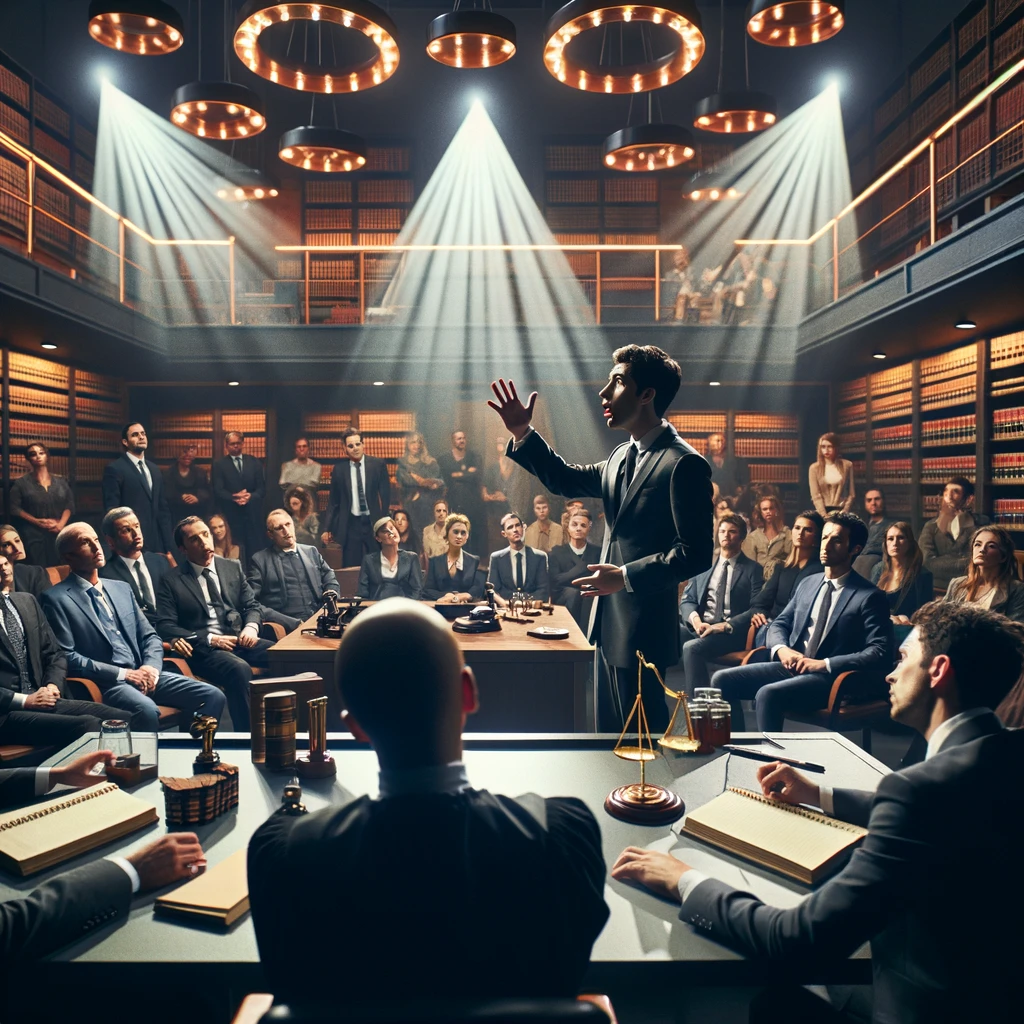 Here is the image depicting a dynamic courtroom scene from a law drama movie, designed to combine legal and entertainment elements effectively. The setting features a modern courtroom with dramatic lighting, where a lawyer passionately argues before a focused jury, creating a scene filled with tension and suspense.